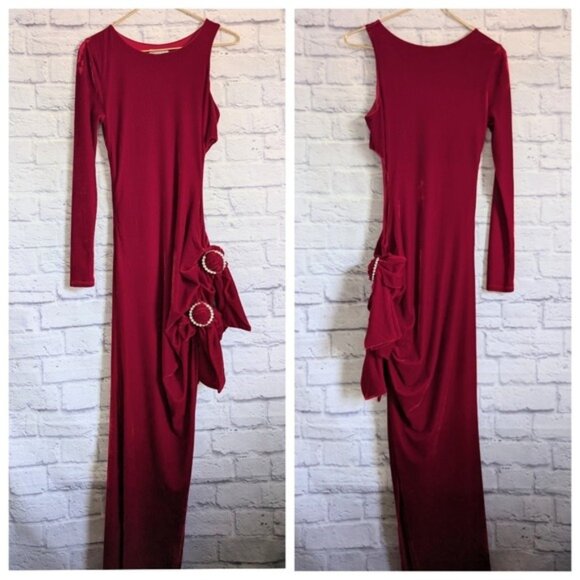 Lovers and Friends Red Velvet Edith Gown S Rhinestone Crystal Bows Cut Out Glam - Picture 3 of 9